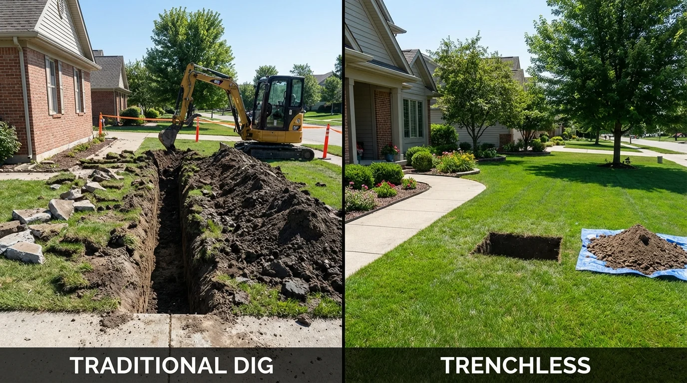 Trenchless sewer repair with minimal yard damage versus traditional excavation in New Haven, WV
