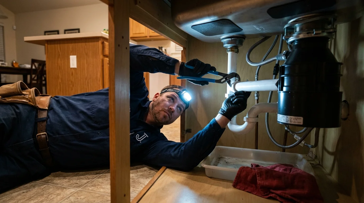 P-trap and supply line connections under a kitchen sink showing a common leak point in New Haven, WV